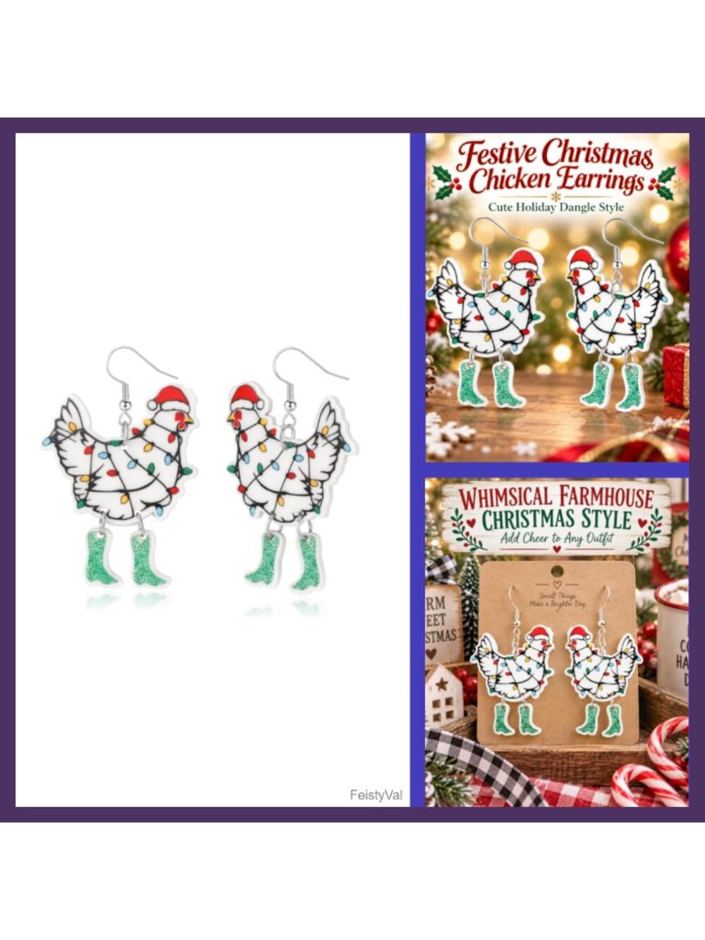 Christmas Chicken Dangle Earrings Acrylic Santa Hen Jewelry Gift